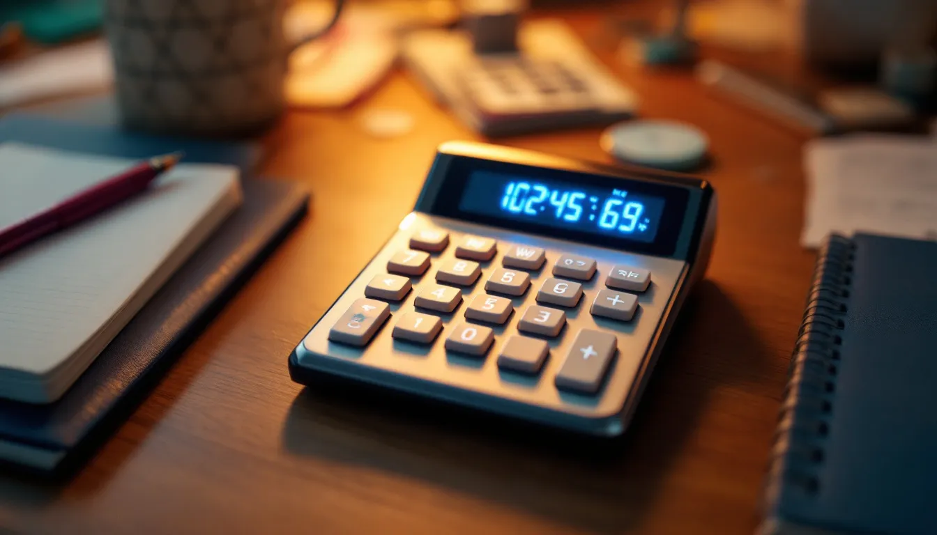 A close-up image of a calculator with numeric buttons, showing a display screen that reads a calculation related to property taxes. This calculator could be used to estimate South Carolina property tax, taking into account factors like the millage rate and assessment ratio for primary residences in Charleston County.