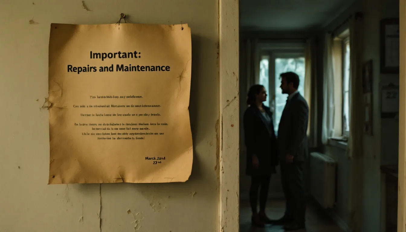 In the image, a landlord is discussing with a tenant about potential charges for repairs in a rental property. The scene highlights the importance of understanding rental property expenses and the implications of labor costs associated with managing rental properties.